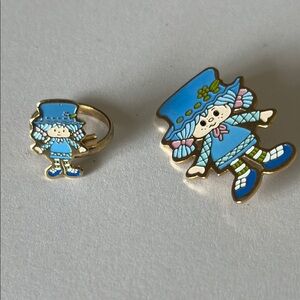 Vintage BLUEBERRY MUFFIN kidsWhimsical Blue/Green Enamel Jewelry   Pin & Ring